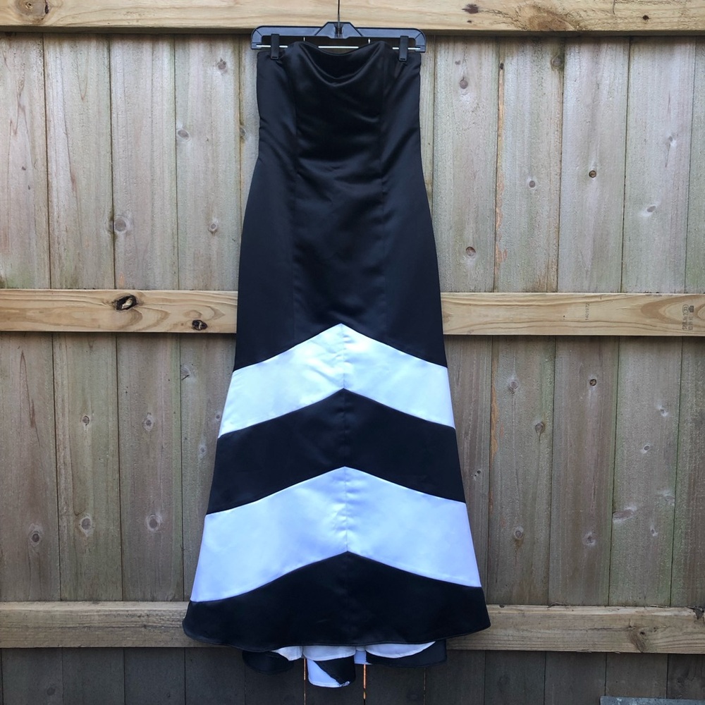 Gunne Sax Jessica McClintock 80s Maxi Dress Size 7 Black White Strapless Stripe